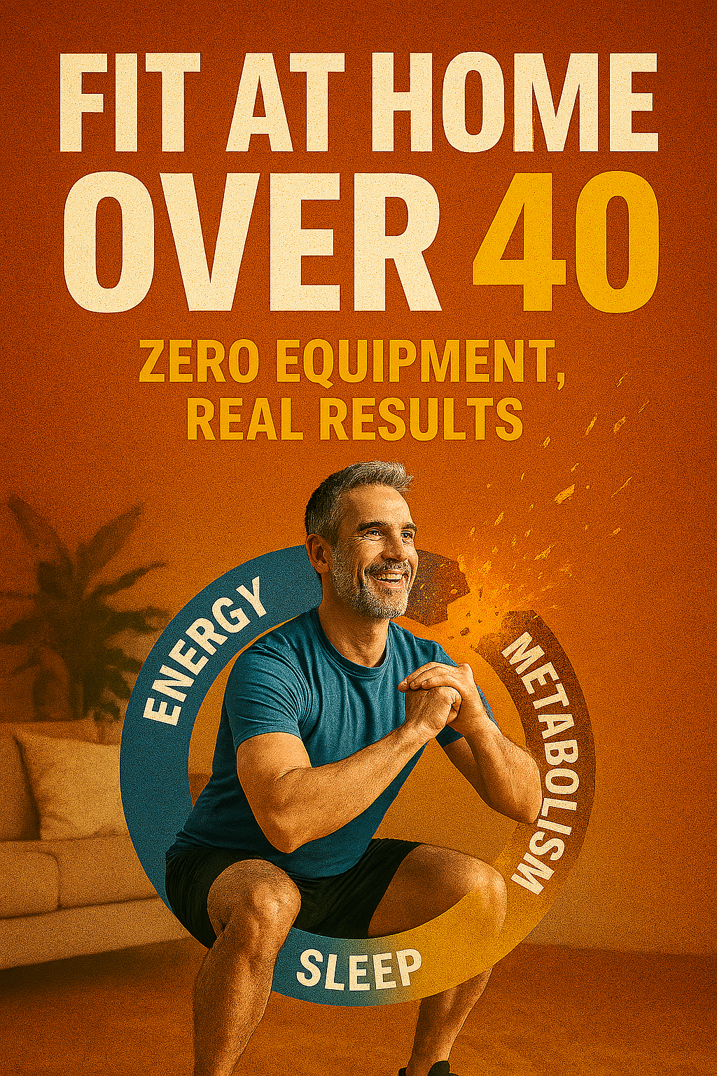 “Cover image for the digital guide ‘Fit at Home Over 40: Zero Equipment, Real Results’ featuring a middle-aged man performing a squat in a warm-toned living room. Bold text highlights the title and benefits of at-home workouts without gym equipment.